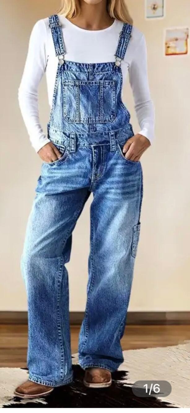 Flamingals NWT Large Blue Multi Pocket Mid Waist Straight leg Overalls
